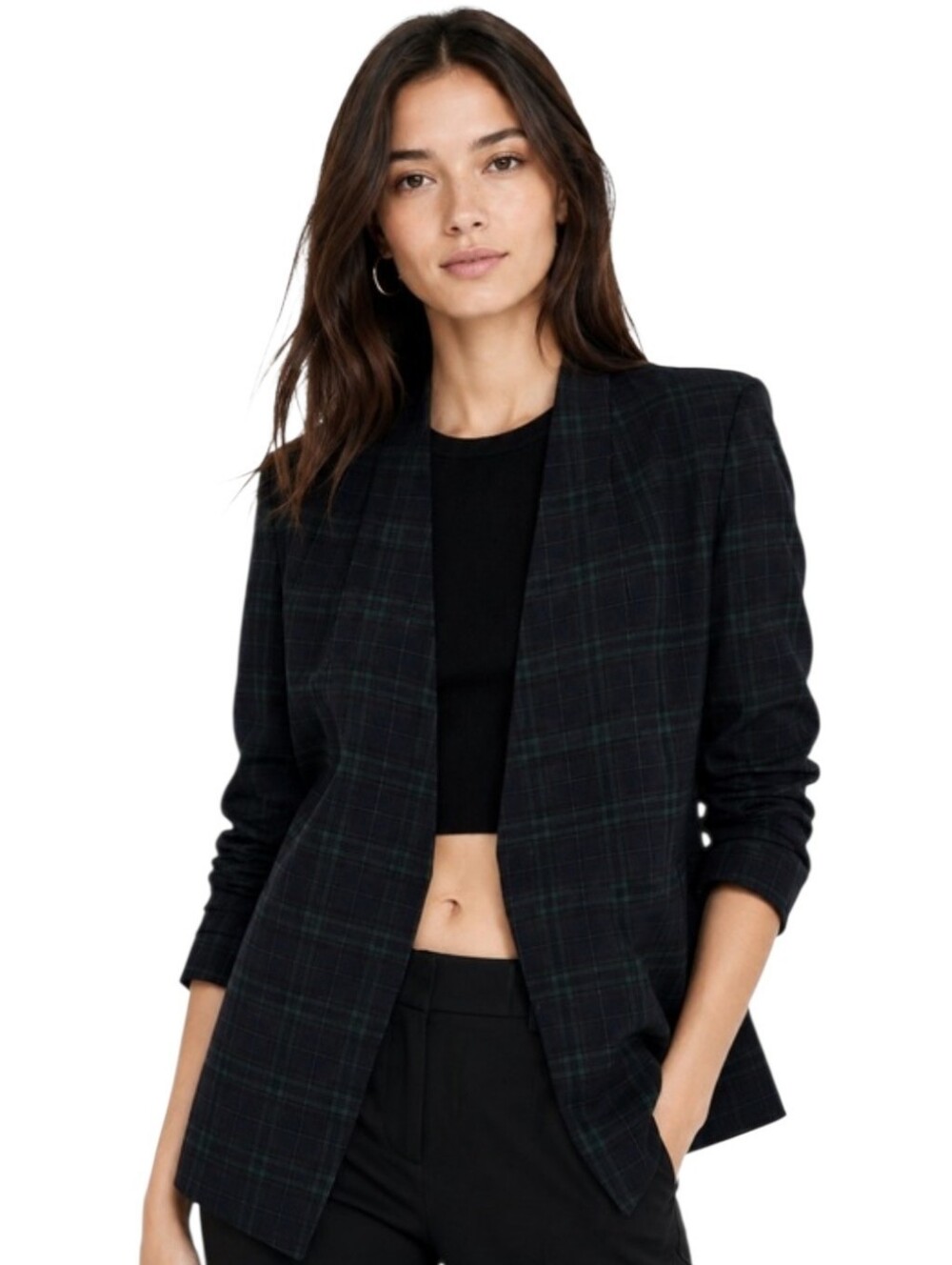 Aritzia Babaton Plaid Power Blazer – Open Front Ruched Sleeve